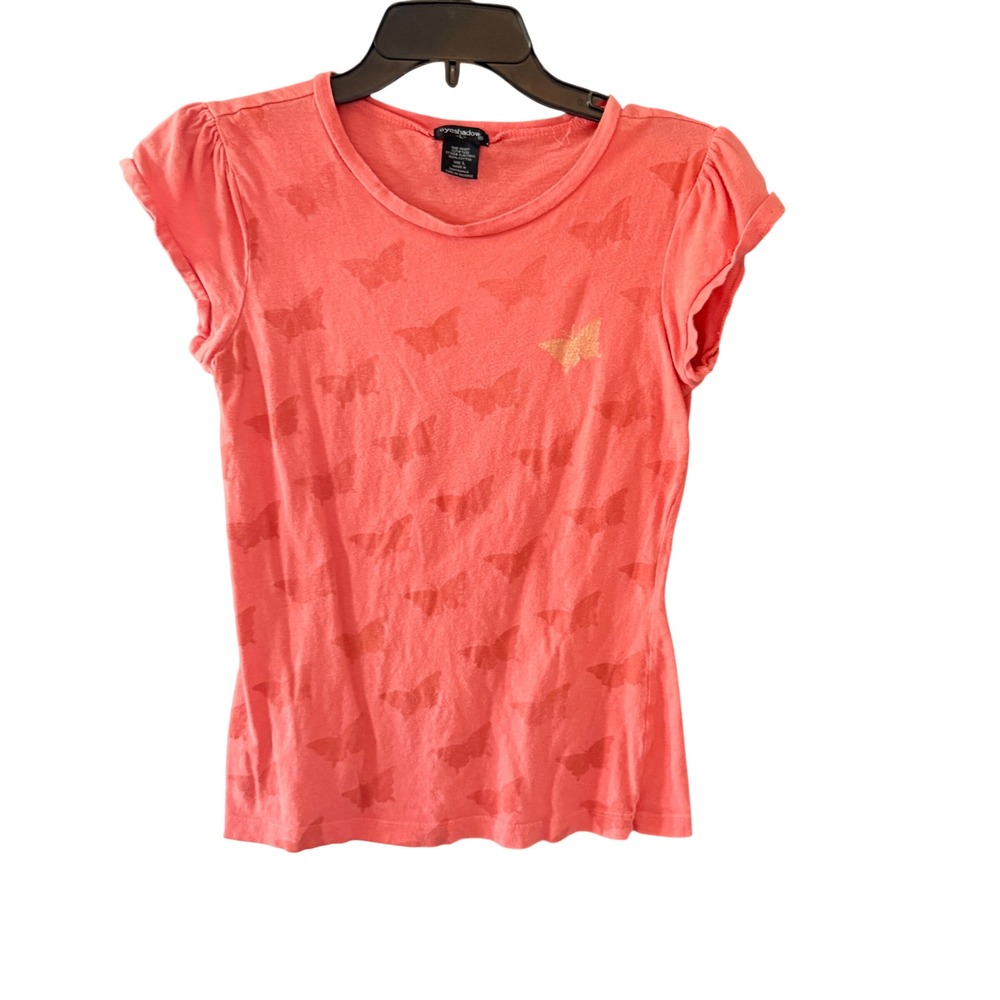 Eyeshadow Vintage Y2k Coral Pink Butterfly Print Puff Sleeve Cotton TShirt Large